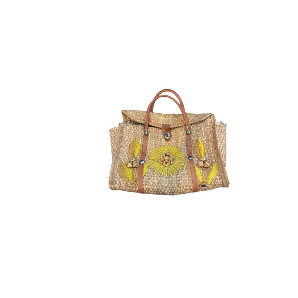 Vintage 60’s-70’s Mexican Handwoven Straw Tote with Yellow Accents